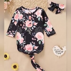 Baby Girl Floral Knot Gown & Headband Set Long Sleeve Rose Sleepsack Outfit 3-6M